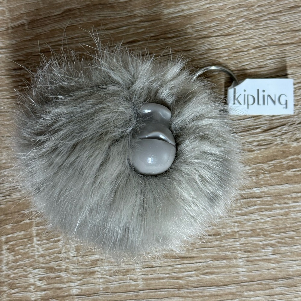 Kipling Pompom Monkey Keychain Ring in Grey Silver